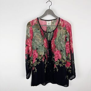One Fine Day Anthropologie Black Pink Green Floral Semi Sheer Boho Top XS